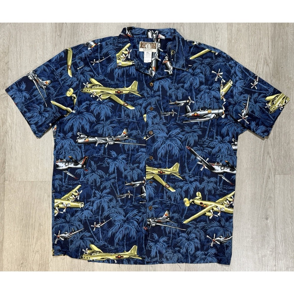 Kalaheo Button Down Shirt Men XL Blue Military WWII Bomber Airplanes Hawaii USA